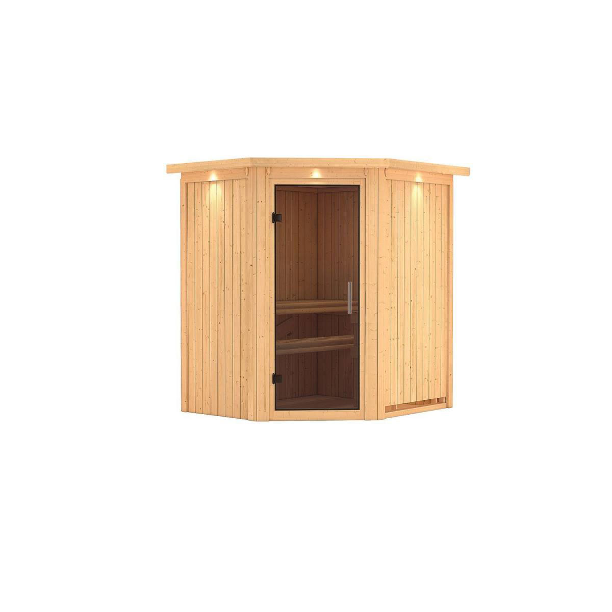 Karibu Sauna Tonja Eckeinstieg ohne Ofen mit Kranz graphitfarbene Glastür Bild 1