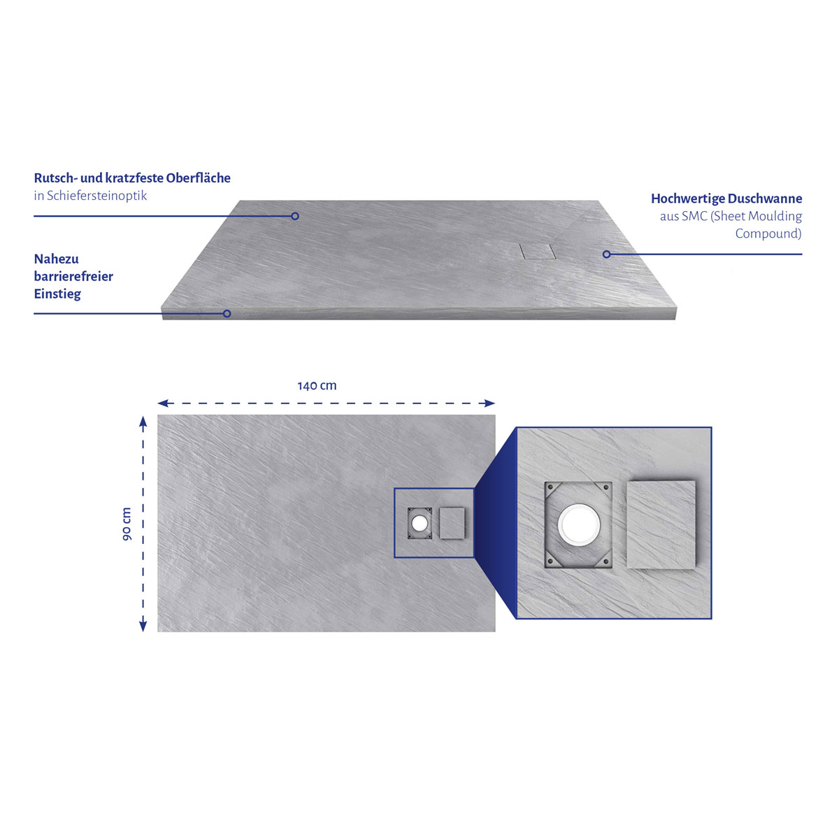 Aurlane Duschtasse Stone SMC grau 140 x 90 cm Bild 4