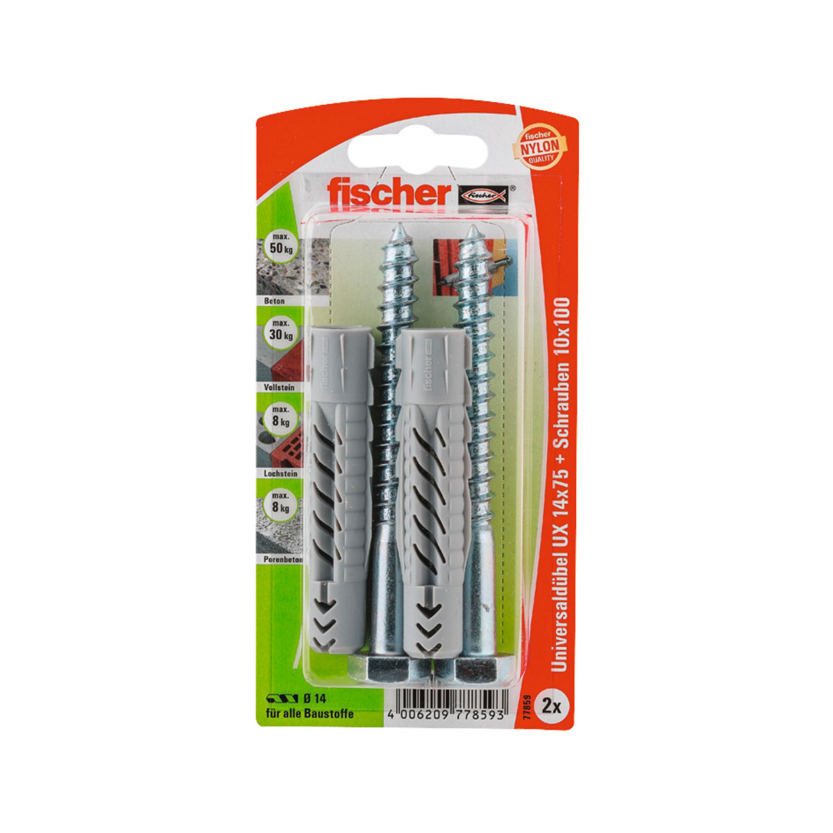 Fischer  Universaldübel UX 14 x 75 mm mit Schraube 2 Stück