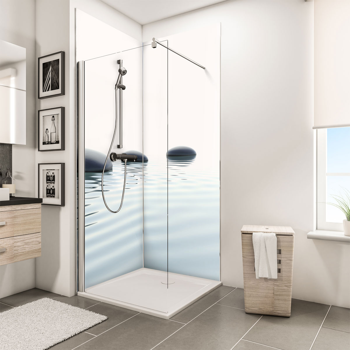 Schulte ExpressPlus Duschrueckwand DecoDesign Foto ue Eck Zen Steine u Wasser 2100 x 9 Bild 1