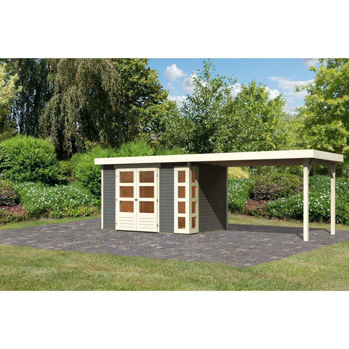 Karibu Gartenhaus-Set Kerko 4 mit Anbaudach 2,8 m terragrau Bild 1