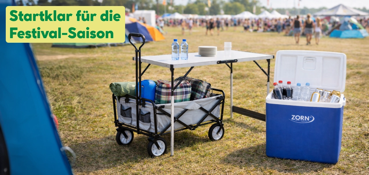 Festivalausstattung mit Bollerwagen, Kühlbox und Campingtisch