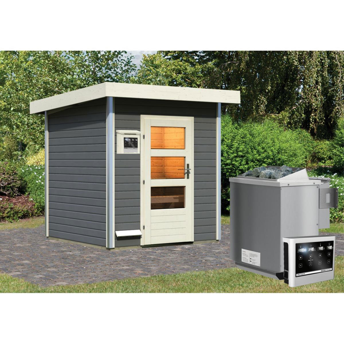 Karibu Saunahaus Torge 38 mm 9 kW Bio Ofen externe Strg moderne Tür terragrau Bild 6