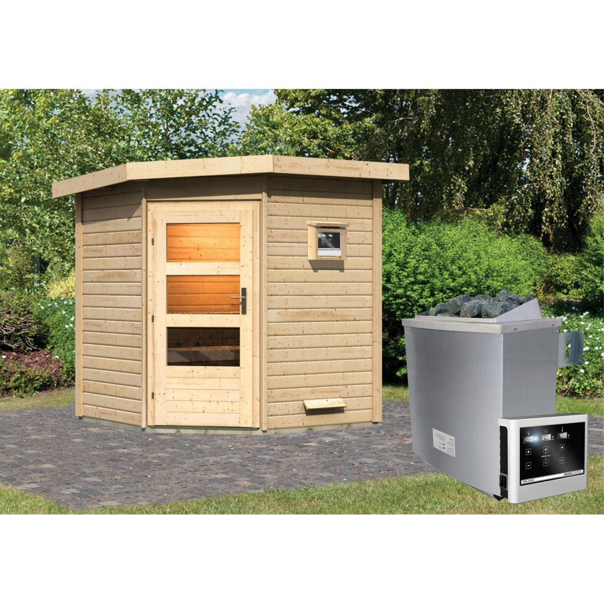 Karibu Saunahaus Pekka 38 mm 9 kW Ofen externe Strg moderne Tür Bild 6