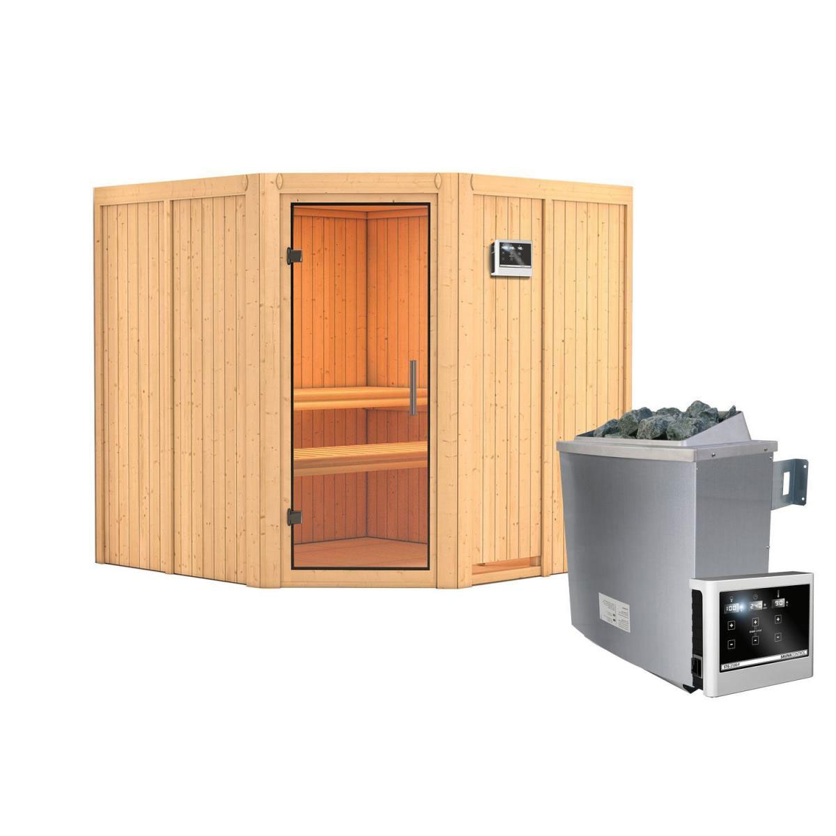 Karibu Sauna Jarin Eckeinstieg 9 kW Ofen externe Strg kein Kranz Klarglas-Tür Bild 1