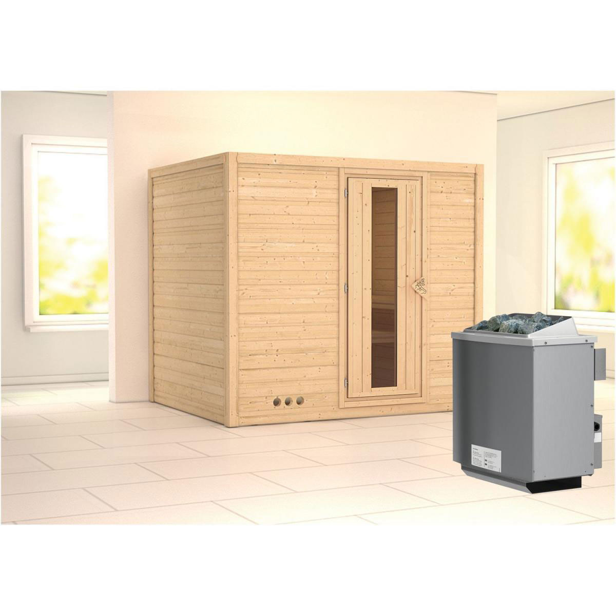 Karibu Sauna Sonara Fronteinstieg 9 kW Ofen integr Strg Tür gedämmt ohne Kranz Bild 1