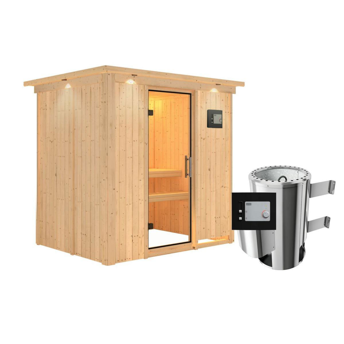 Karibu Sauna Fanja Fronteinstieg 3,6 kW Ofen externe Strg modern mit Kranz Klarglas-Tür Bild 1