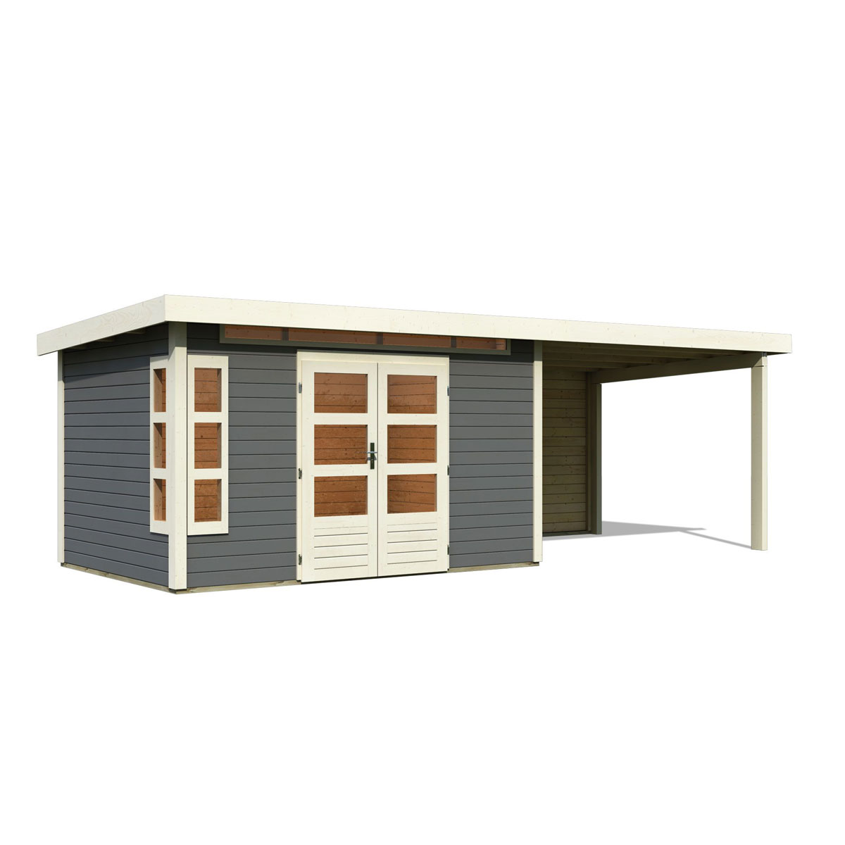 Karibu  Blockbohlenhaus Kastorf 7 terragrau mit Anbaudach und Rückwand Bild 3
