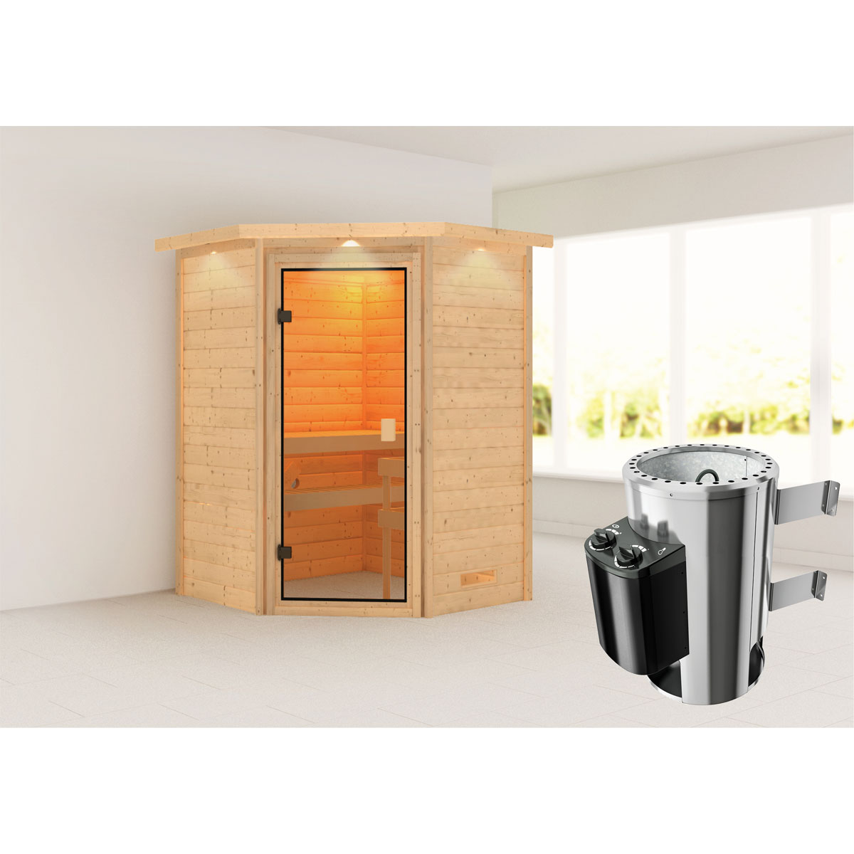 Karibu Sauna Antonia 3,6 kW mit Kranz naturbelassen integrierte Steuerung Bild 1
