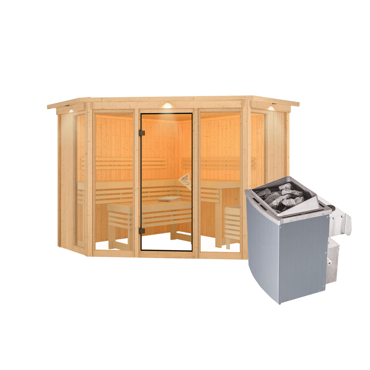 Karibu Sauna Alcinda 2 mit Kranz naturbelassen integrierte Steuerung Bild 3