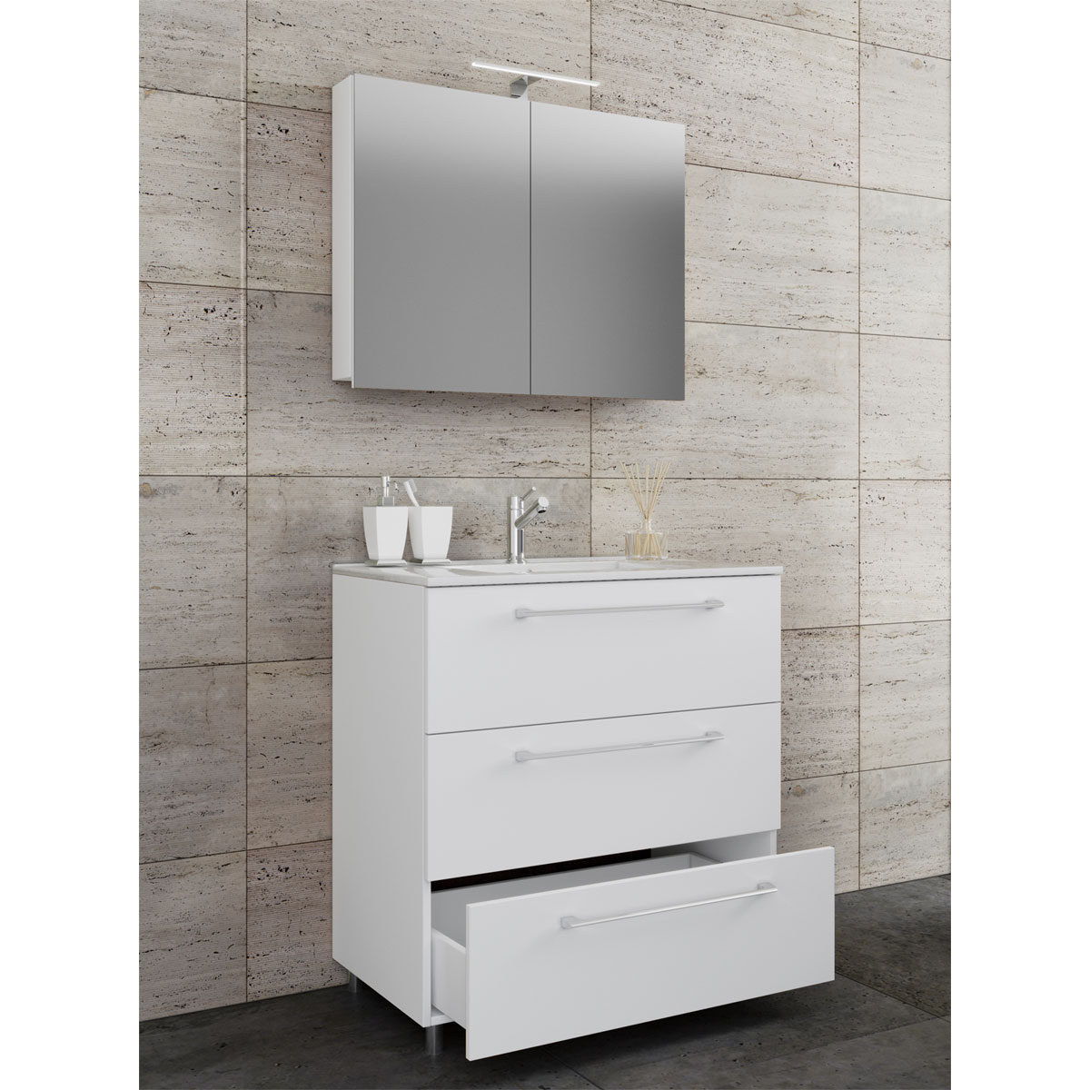 Stand-Waschplatz 60 cm 3-teilig 3 Schubfächer mit Spiegelschrank weiß Bild 2