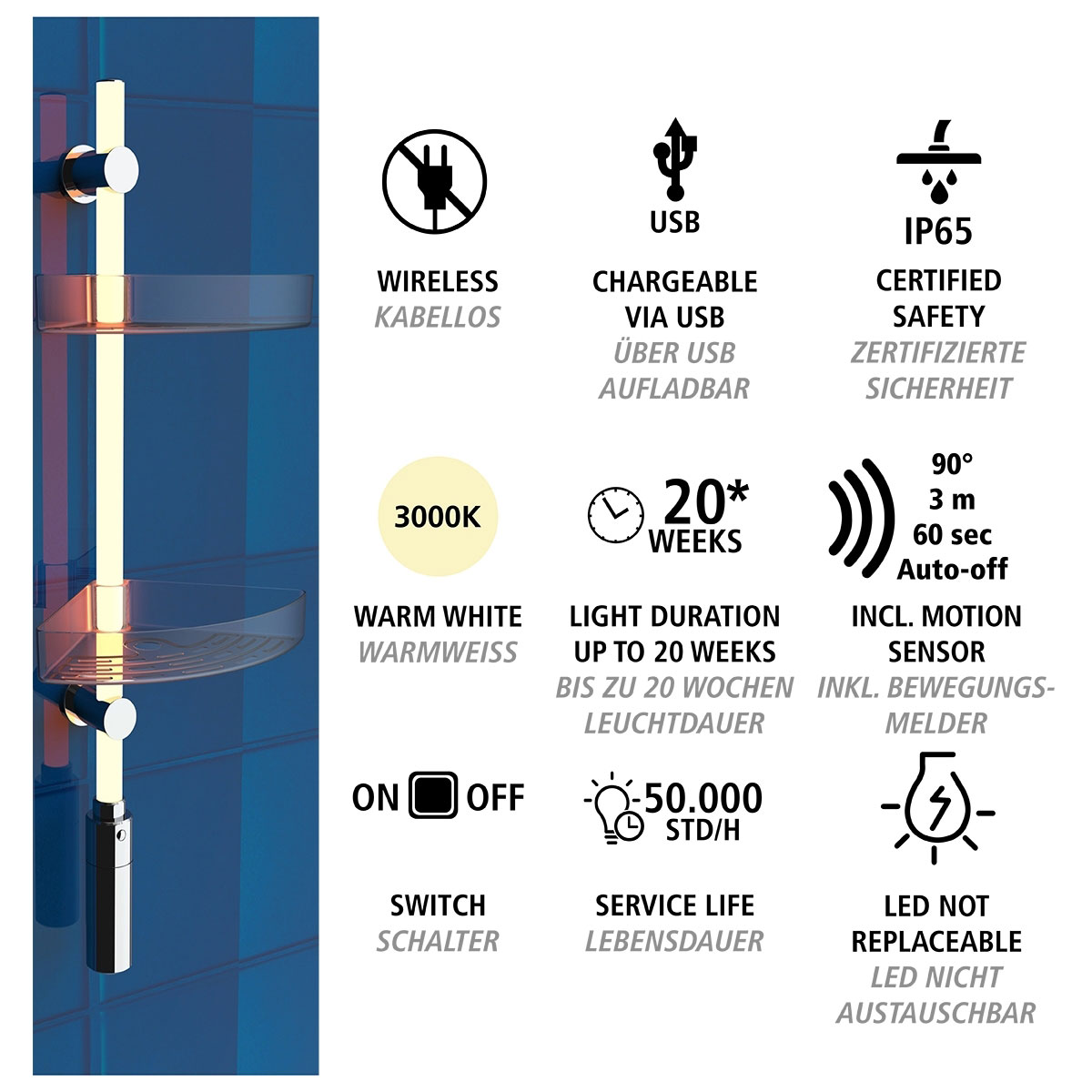 Wenko  LED Duscheckregal 74 cm LED-Duschstange mit Bewegungsmelder und 2 Ablagen Bild 4