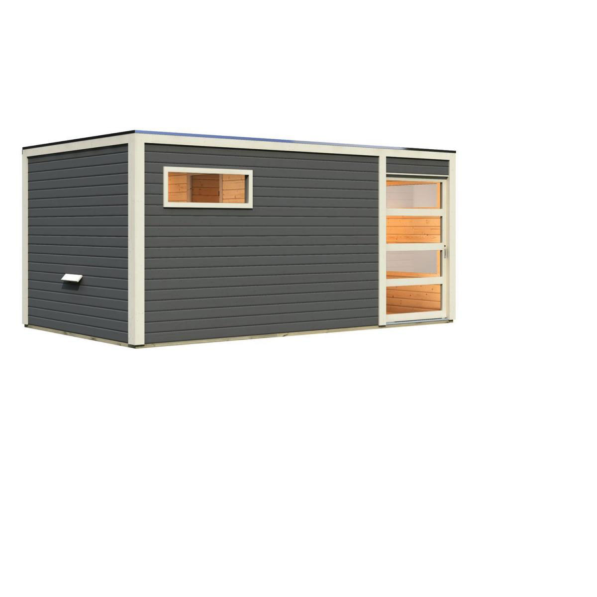 Karibu Saunahaus Hygge 38 mm ohne Ofen Klarglas-Tür terragrau