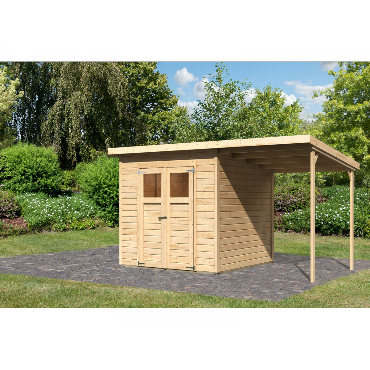 Karibu Gartenhaus Merseburg 4 Set mit Anbaudach 212 x 214 x 220 cm