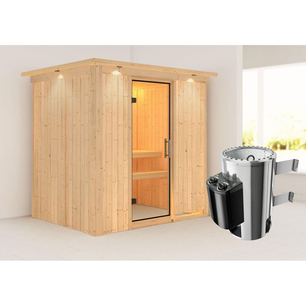 Karibu Sauna Fanja Fronteinstieg 3,6 kW Ofen integr Strg mit Kranz Klarglas-Tür Bild 6