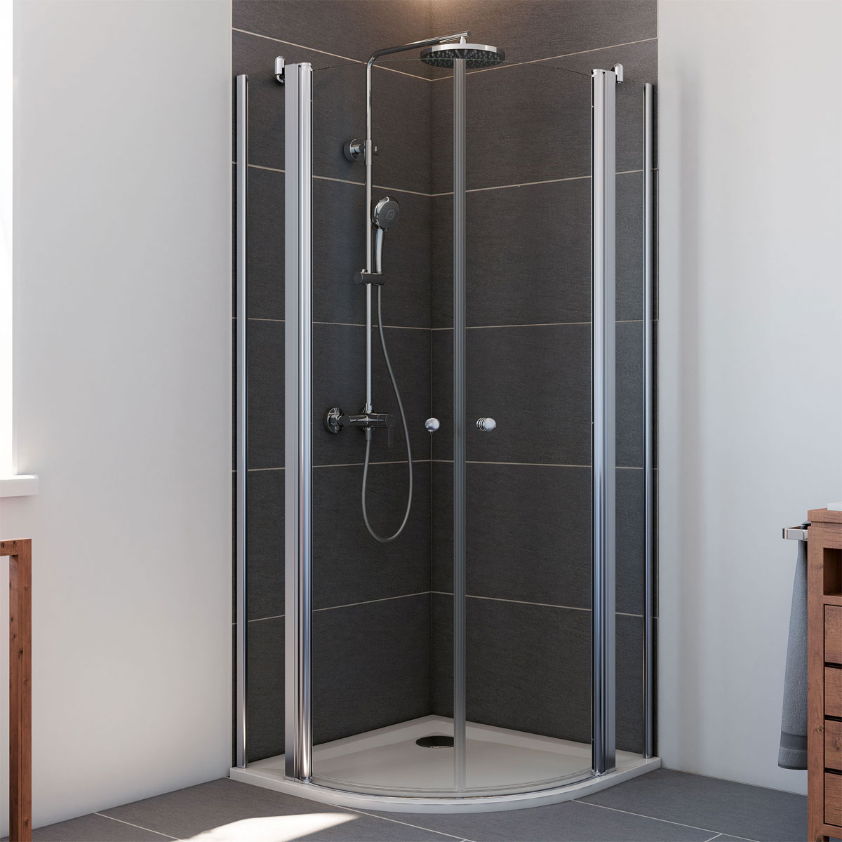 Breuer  Runddusche 4-teilig Drehtür mit Festteilen, Radius 550, Alu silber matt, Klarglas, 1000 x 1000 mm