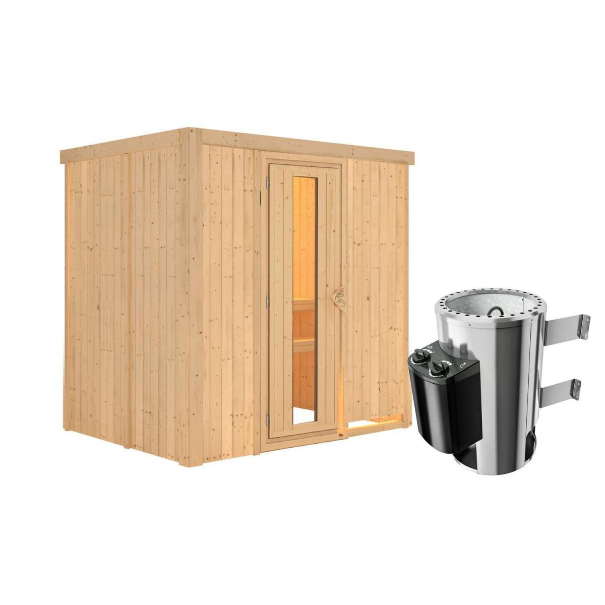 Karibu Sauna Fanja Fronteinstieg 3,6 kW Ofen integr Strg kein Kranz Klarglas-Tür Bild 1