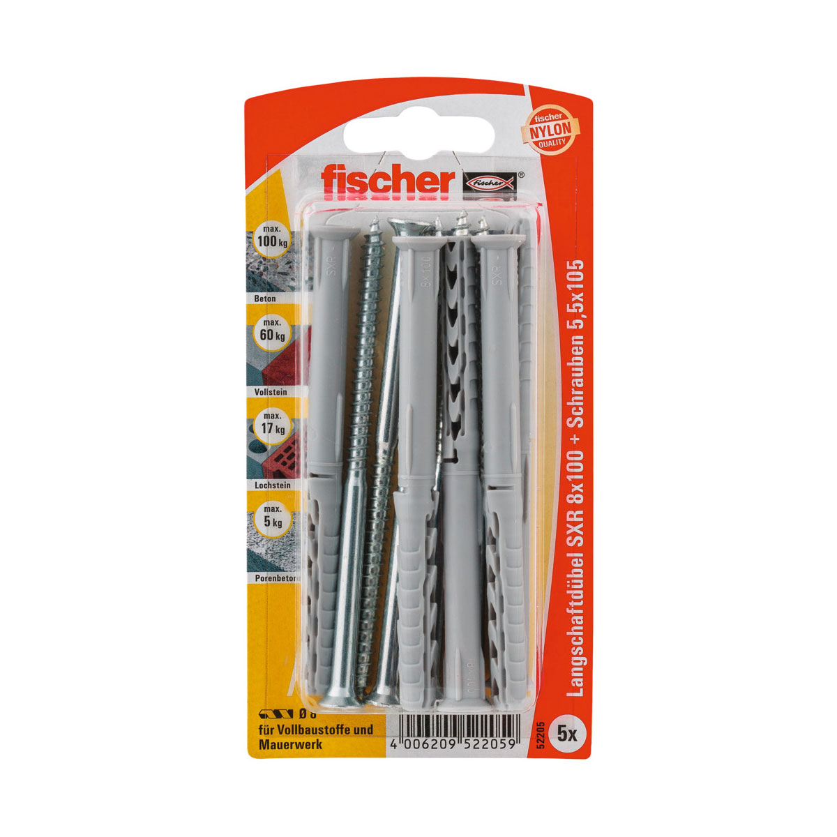 Fischer Langschaftdübel SX R 8 x 100 mm Z-Senkkopfschraube 5 Stück