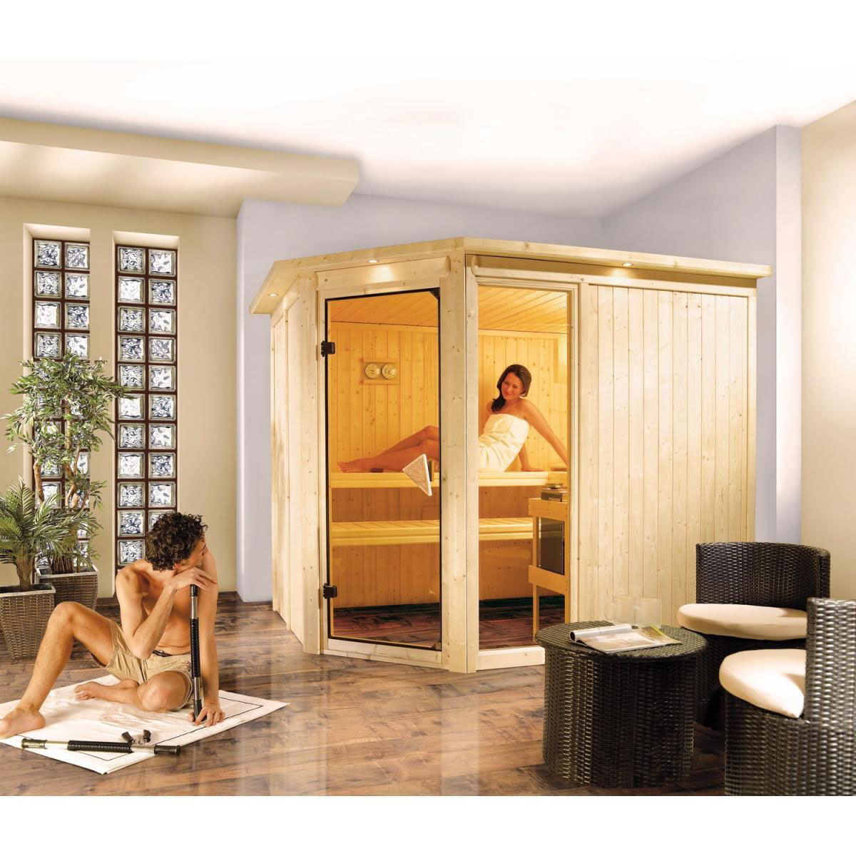 Karibu Systemsauna Fiona 3 68 mm 9 kW Ofen integr Strg ohne Dachkranz Bild 5