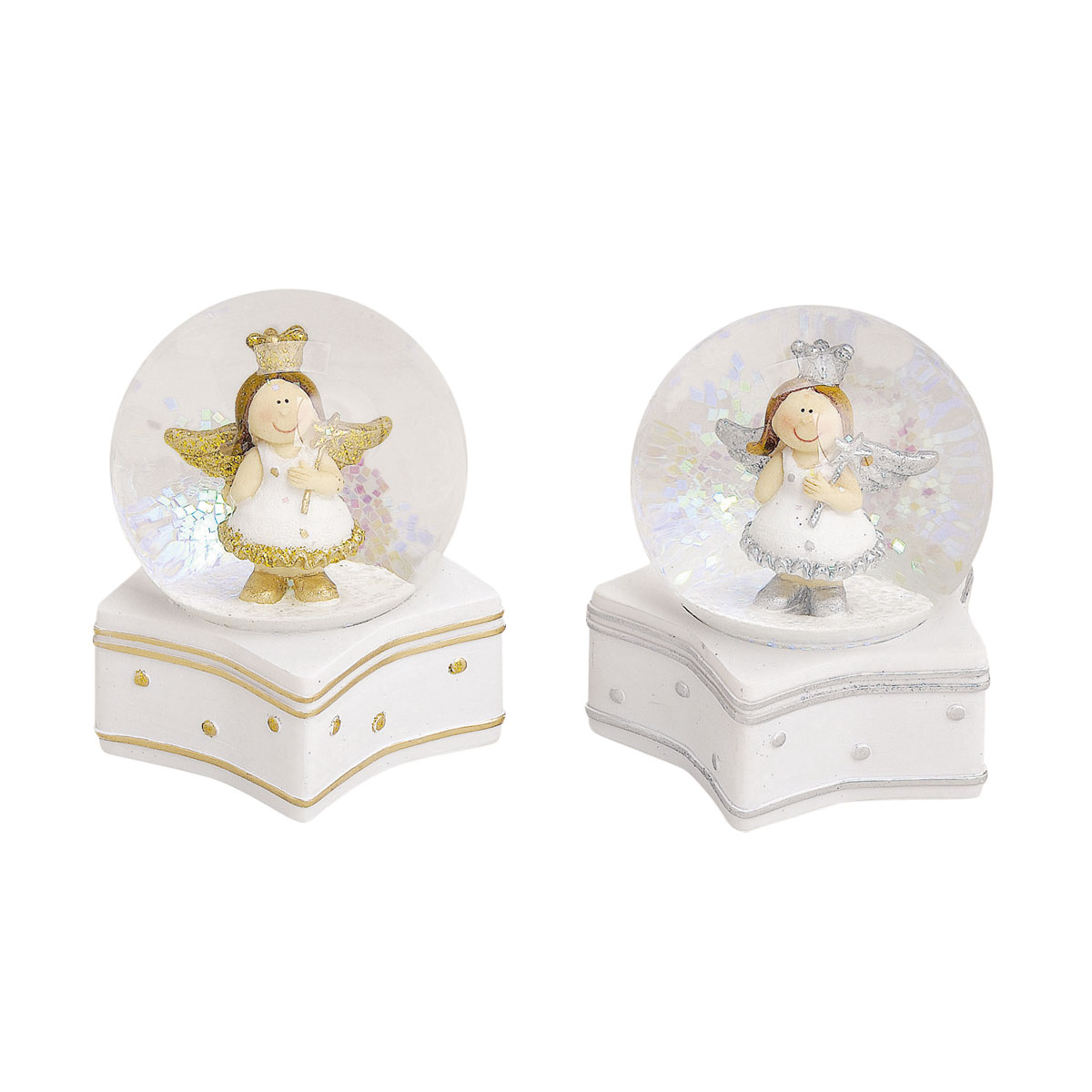 Schneekugel Engel in gold-silber aus Polx 2-fach sort. 7 x 9 x 7 cm