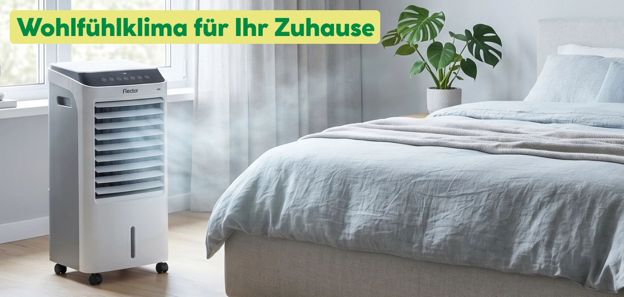 Mobiles Klimagerät kühlt ein modernes Schlafzimmer
