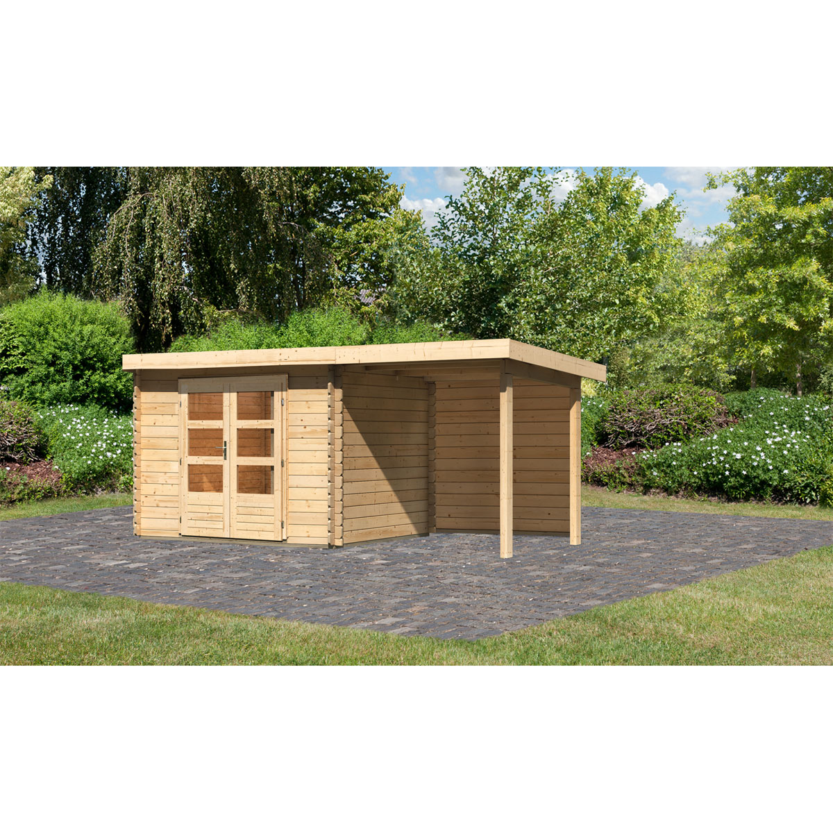 Karibu BBH Bastrup 3 Set mit Anbaudach naturbelassen