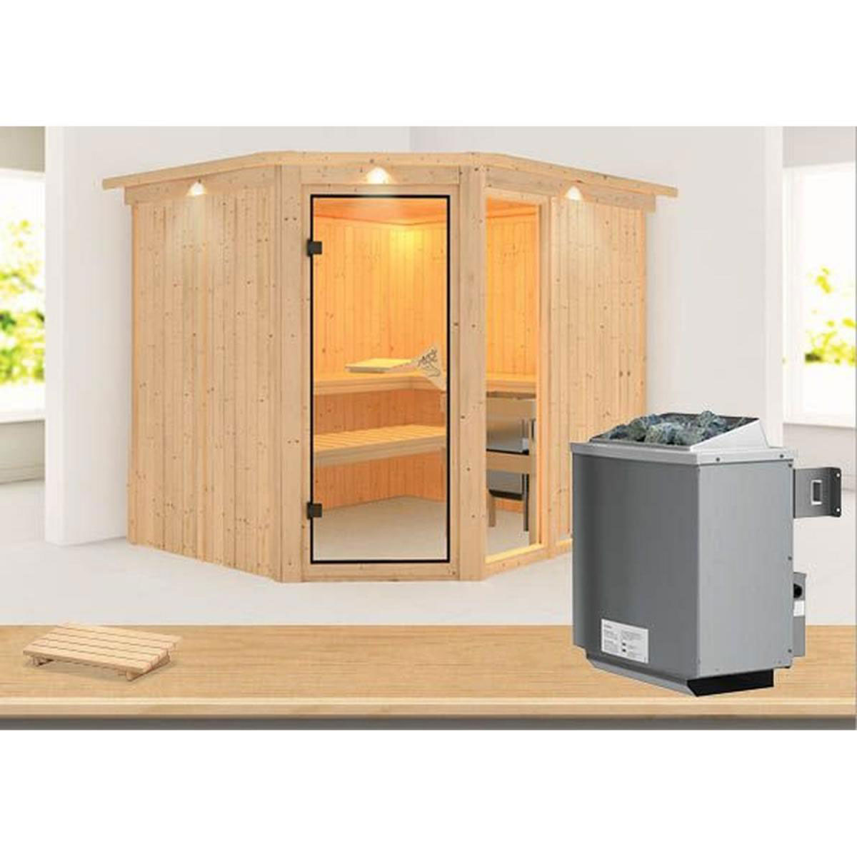 Karibu Systemsauna Fiona 3 68 mm 9 kW Ofen integr Strg mit Dachkranz Bild 1