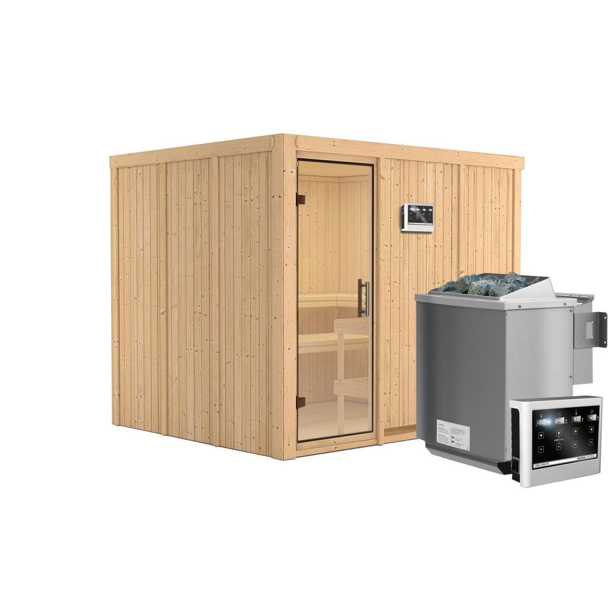 Karibu Sauna Gobin Fronteinstieg 9 kW Bio Ofen kein Kranz Klarglas-Tür Bild 1