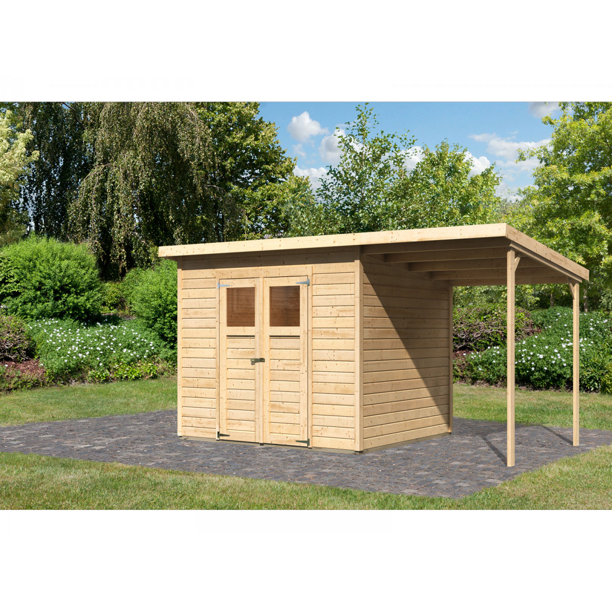 Karibu Gartenhaus Merseburg 5 Set mit Anbaudach 242 x 214 x 220 cm