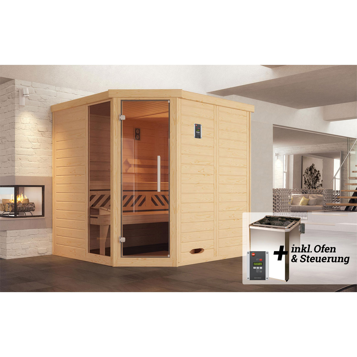 Weka  Premium Massivholz-Elementsauna Kemi Eck Größe 2 Sparset 7,5 kW Bio S Bild 2