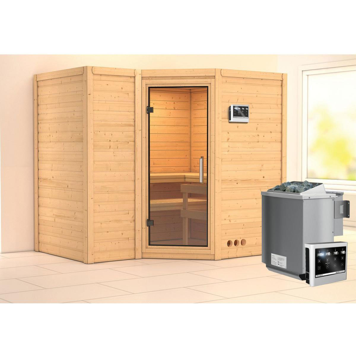 Karibu Sauna Sahib 2 Eckeinstieg 9 kW Bio Ofen externe Strg kein Kranz Klarglas-Tür Bild 5