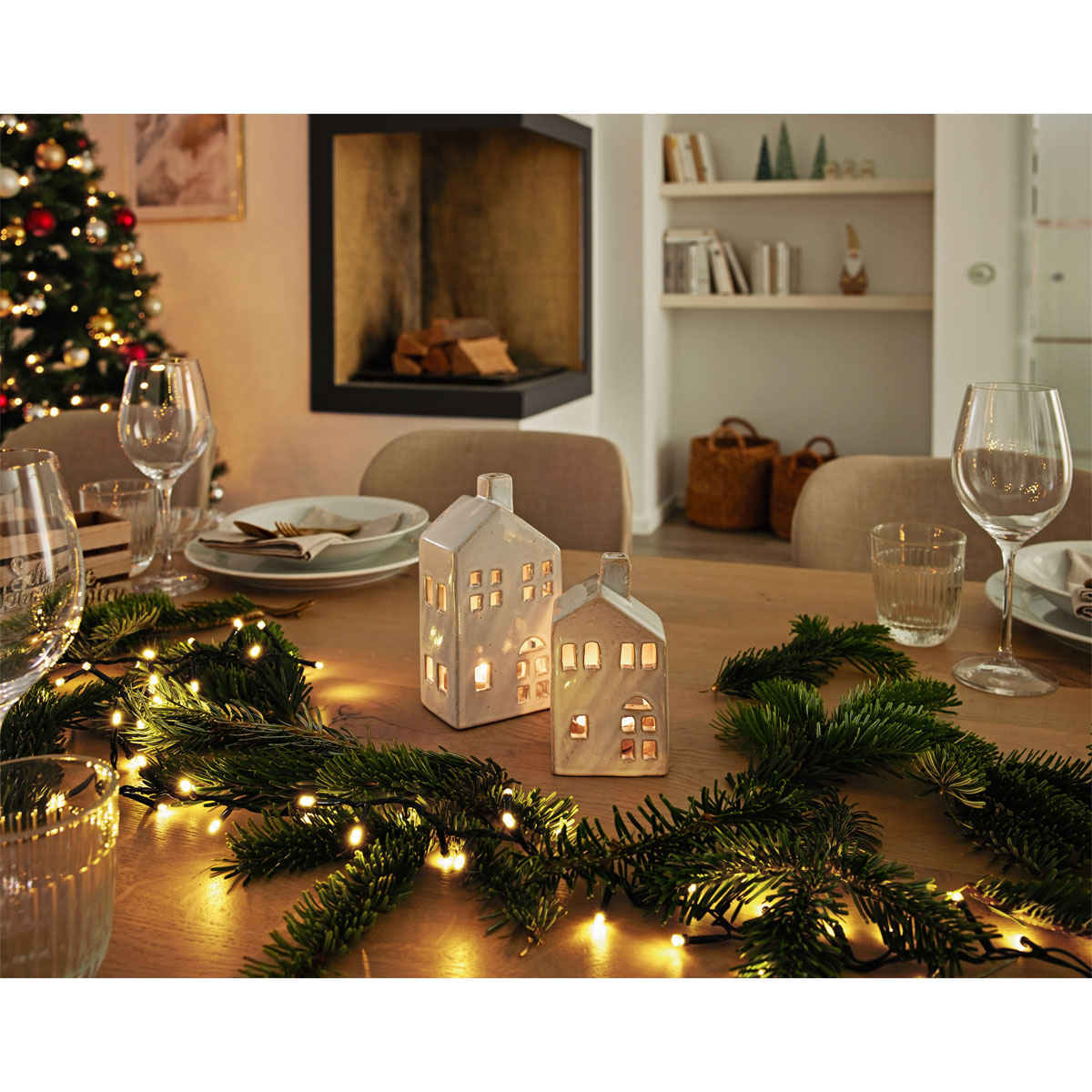 Windlicht Haus creme/beige glänzend Steinzeug LxBxH 9 x 6,5 x 17,5 cm Bild 2