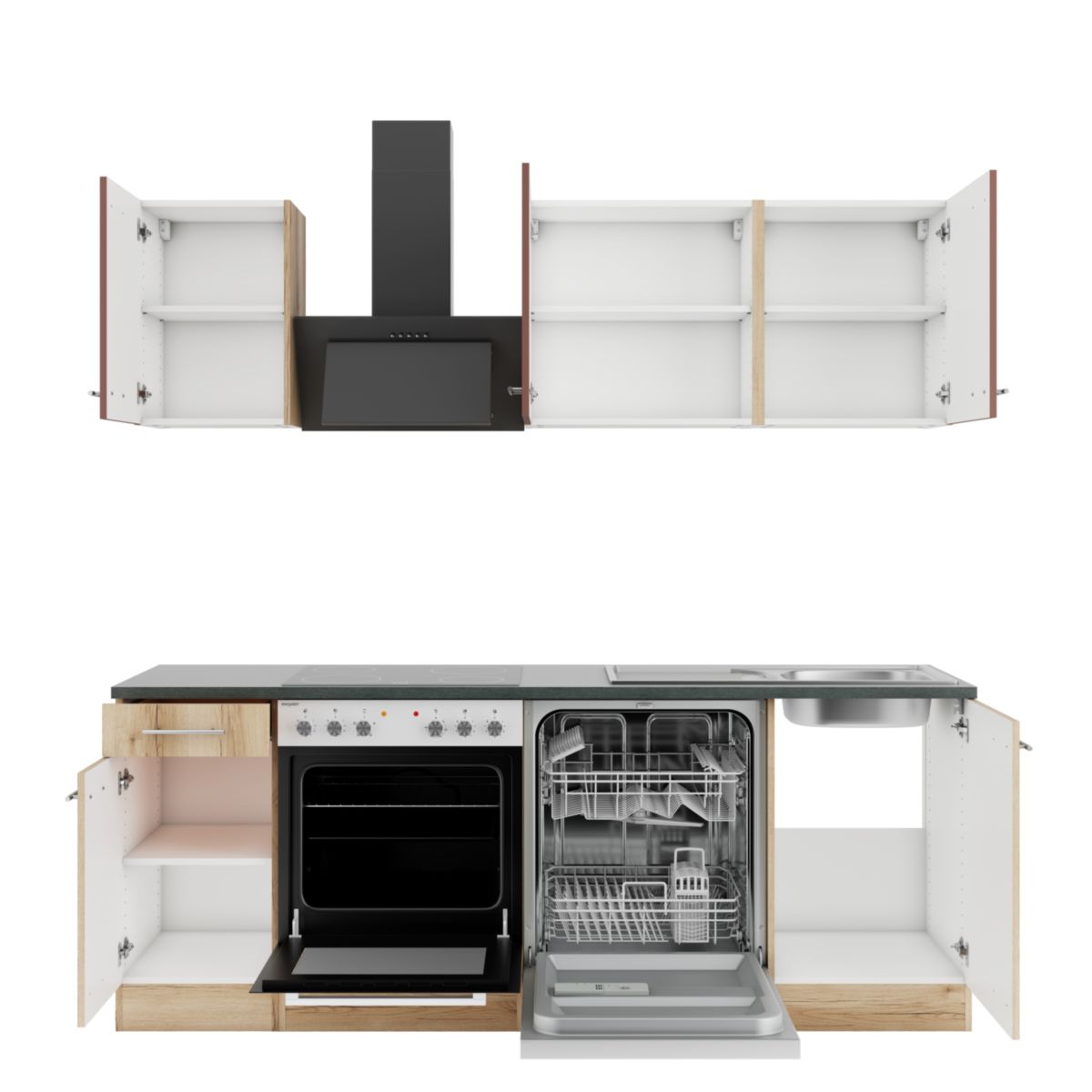 optifit Miniküche Bari407 Livorno290 210 x 226,8 x 60 cm Rostrot   Wildeiche Nachbildung Wildeiche Nachbildung Bild 3