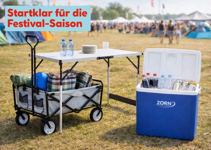 Festivalausstattung mit Bollerwagen, Kühlbox und Campingtisch