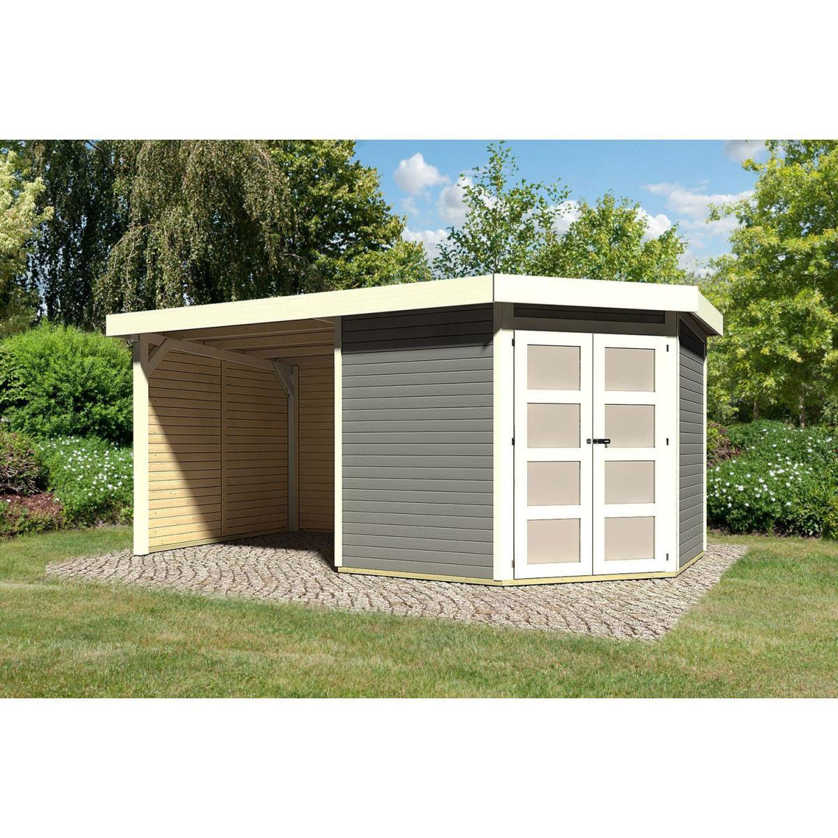 Karibu Gartenhaus Goldendorf 3/5 mit Anbaudach 220 cm und Seiten-/Rückwand 246 x 242 x 218 cm grau Bild 1