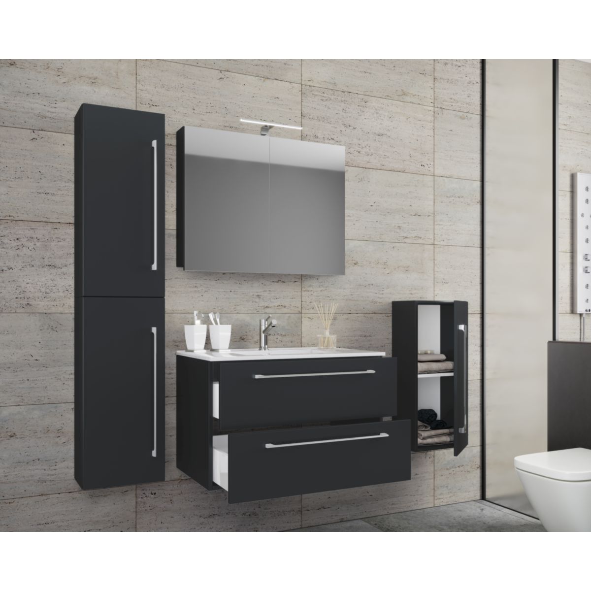 Waschplatz 60 cm 5-teiliges Set 2 Schubfächer mit Spiegelschrank schwarz Bild 3