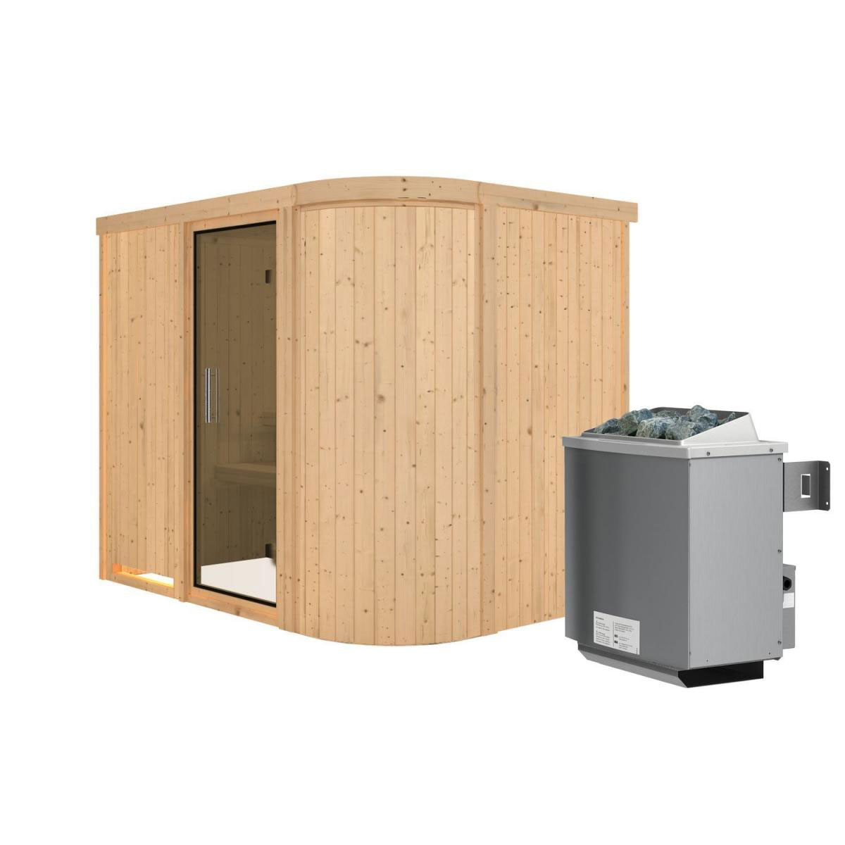 Karibu Sauna Titania 4 Fronteinstieg 9 kW Ofen integr Strg kein Kranz Klarglas-Tür Bild 1