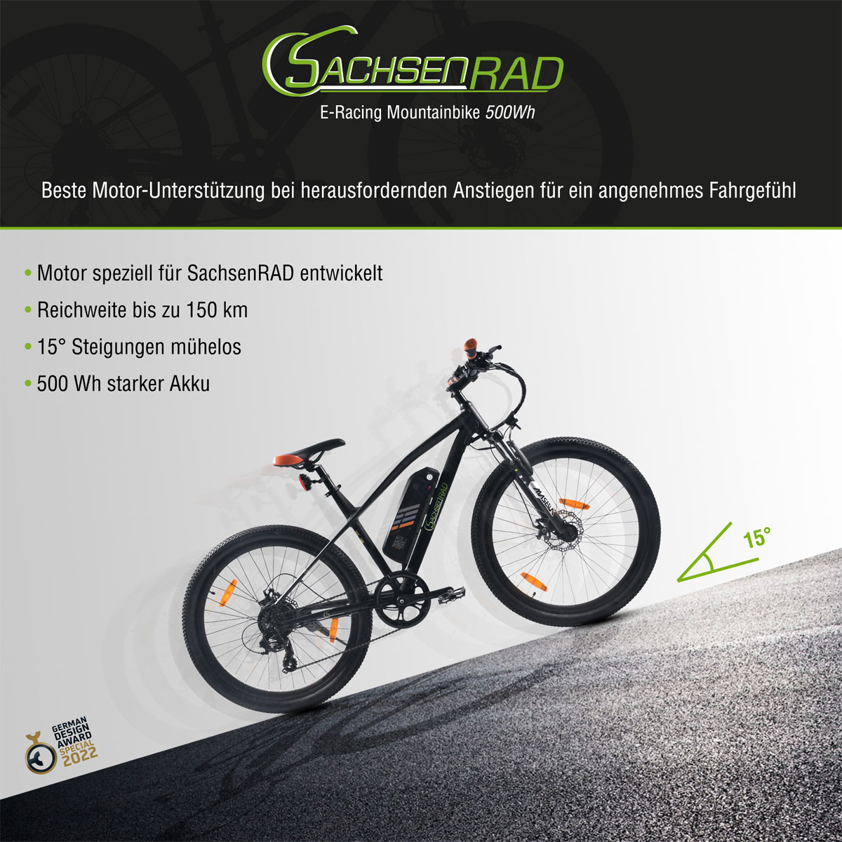 SachsenRad E-Bike 27,5 Zoll E-Mountainbike R6 ca.150 KM Reichweite Schwarz-Orange Bild 4