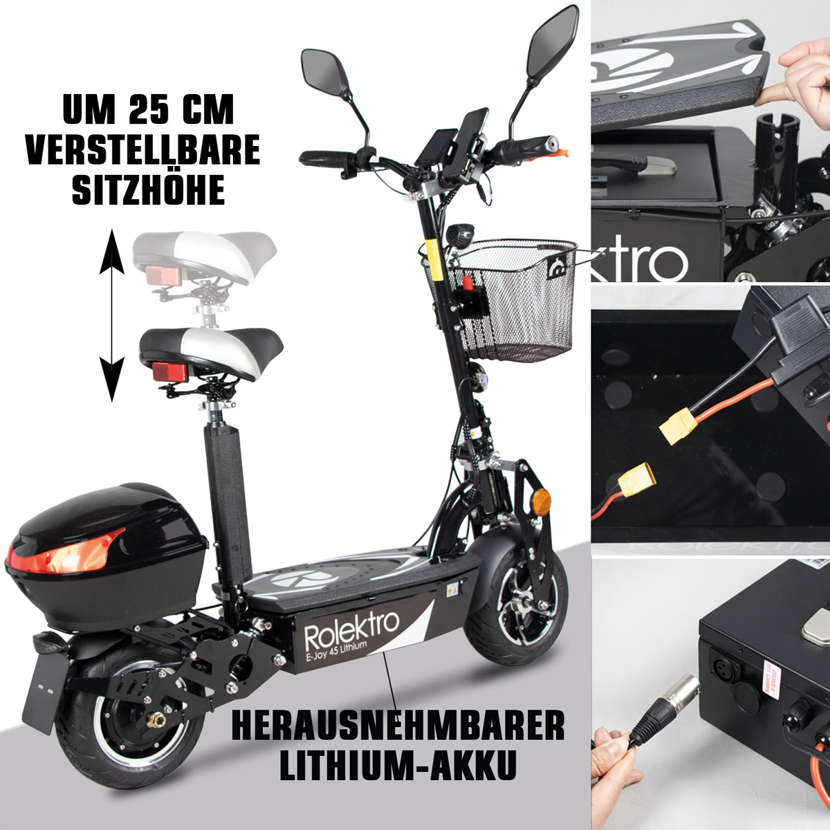 Rolektro E-Scooter „E-Joy 45“ Schwarz, 48 V-20 AH Akku, 1000 W Bild 5