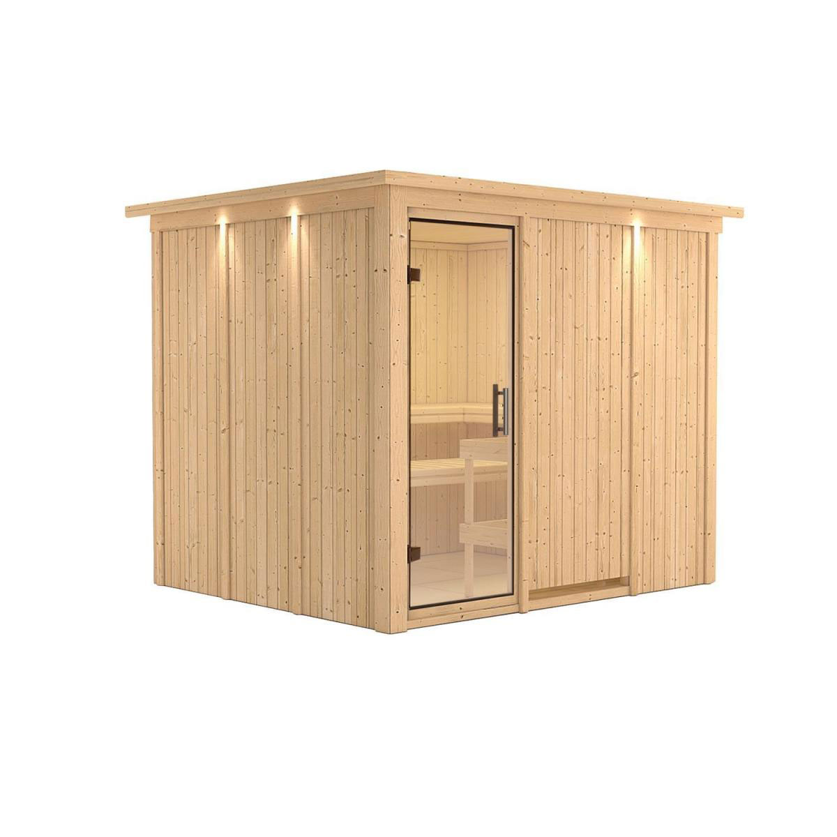 Karibu Sauna Gobin Fronteinstieg ohne Ofen mit Kranz Klarglas-Tür Bild 1