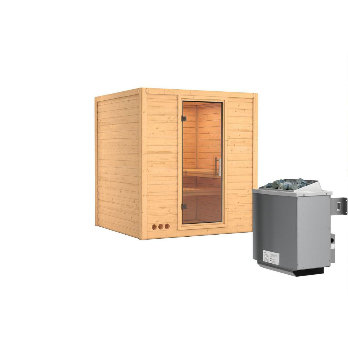 Karibu Sauna Mojave Fronteinstieg 9 kW Ofen integr Strg kein Kranz Klarglas-Tür Bild 1