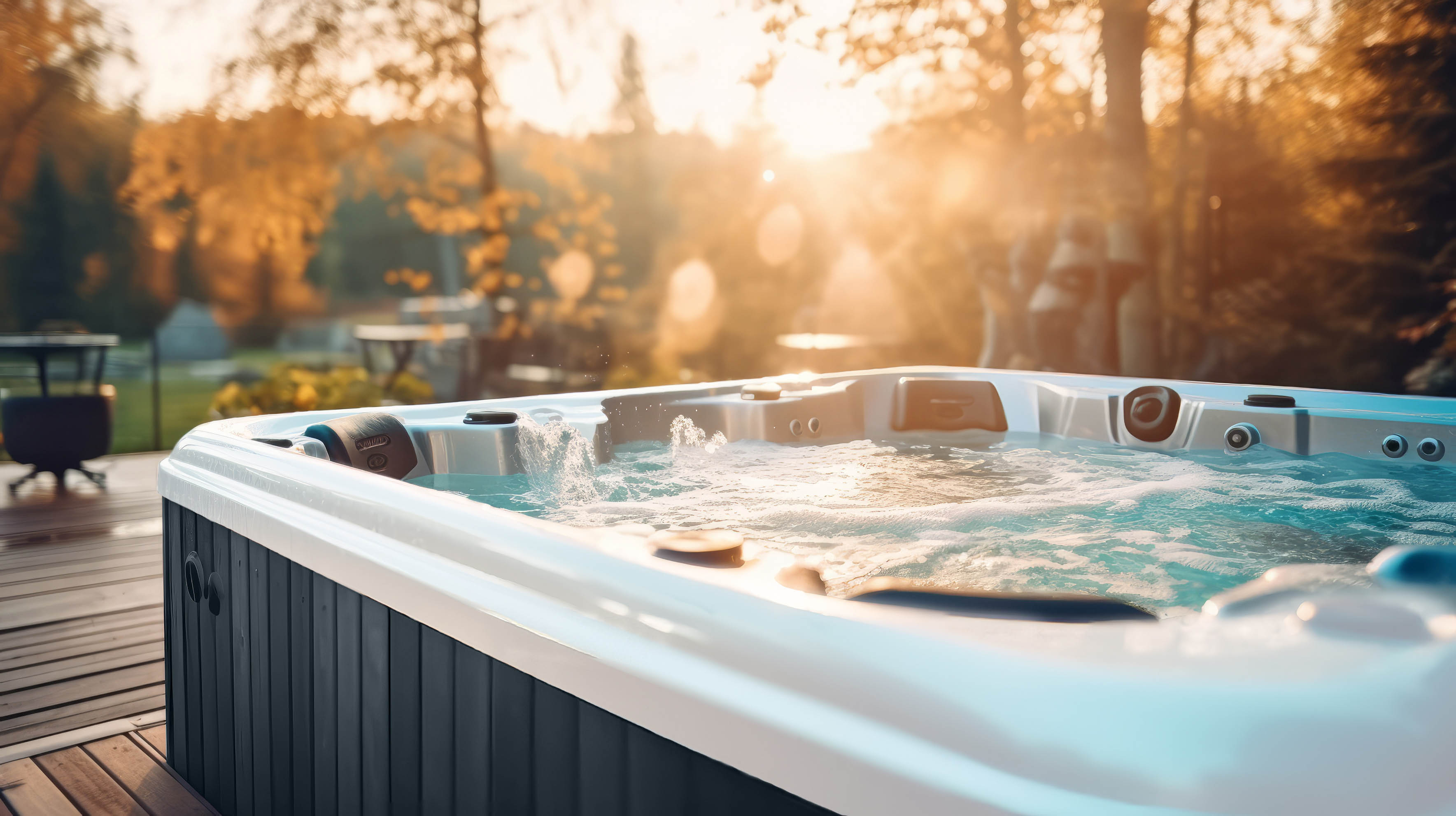 Ein Whirlpool sprudelt auf einer Holzterrasse bei Sonnenuntergang, umgeben von herbstlichen Bäumen.