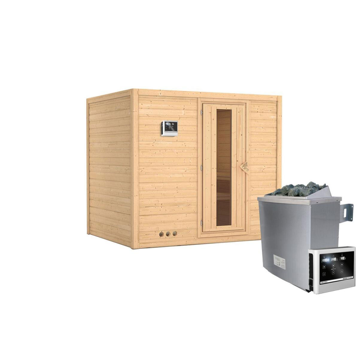 Karibu Sauna Sonara Fronteinstieg 9 kW Ofen externe Strg extern Tür gedämmt ohne Kranz Bild 2