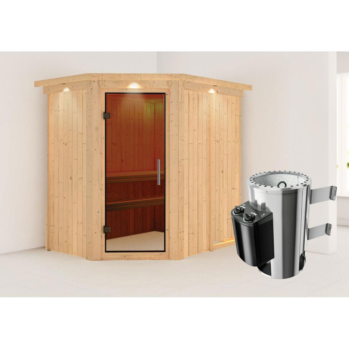 Karibu Sauna Saja Eckeinstieg 3,6 kW Ofen integr Strg mit Kranz graphitfarbene Glastür Bild 7