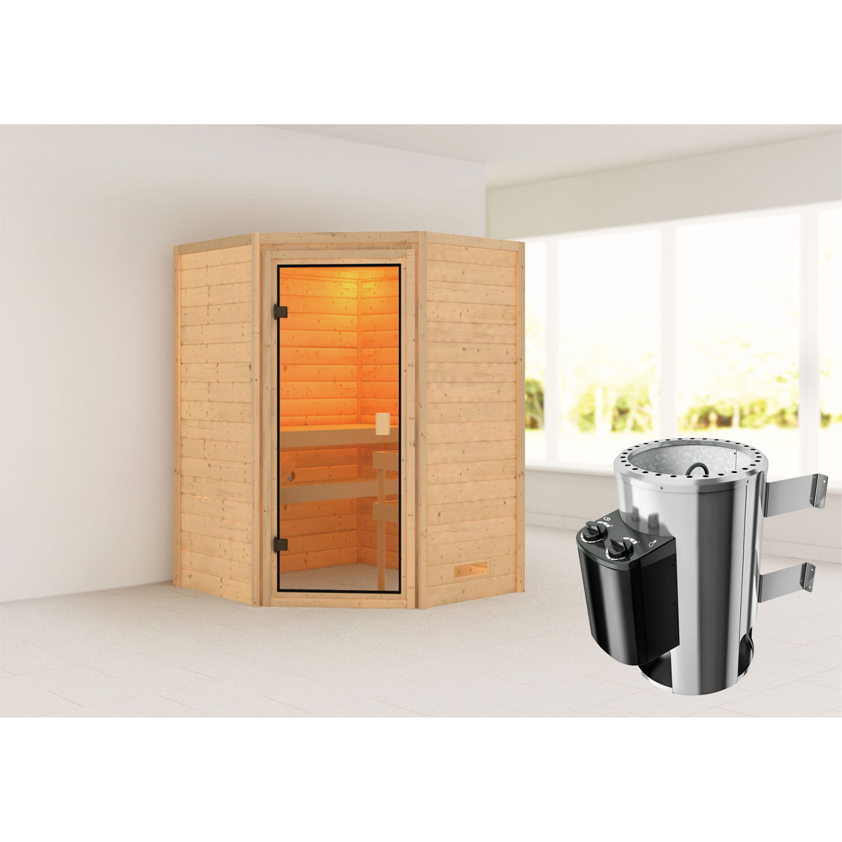 Karibu Sauna Antonia 3,6 kW naturbelassen integrierte Steuerung ohne Dachkranz Bild 2