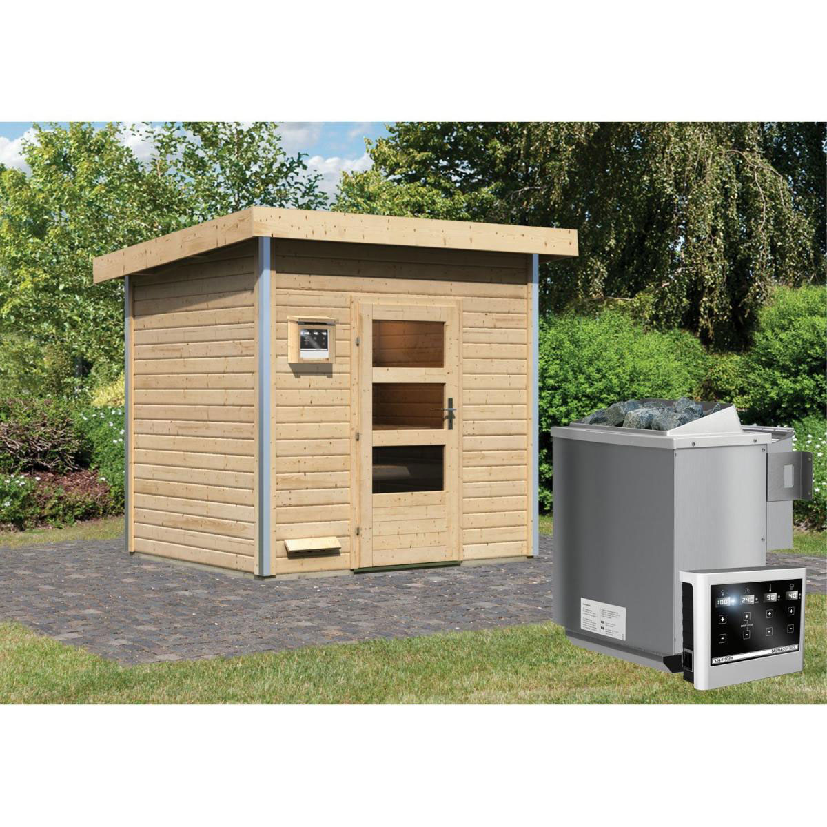 Karibu Saunahaus Norge 38 mm 9 kW Bio Ofen externe Strg moderne Tür Bild 6