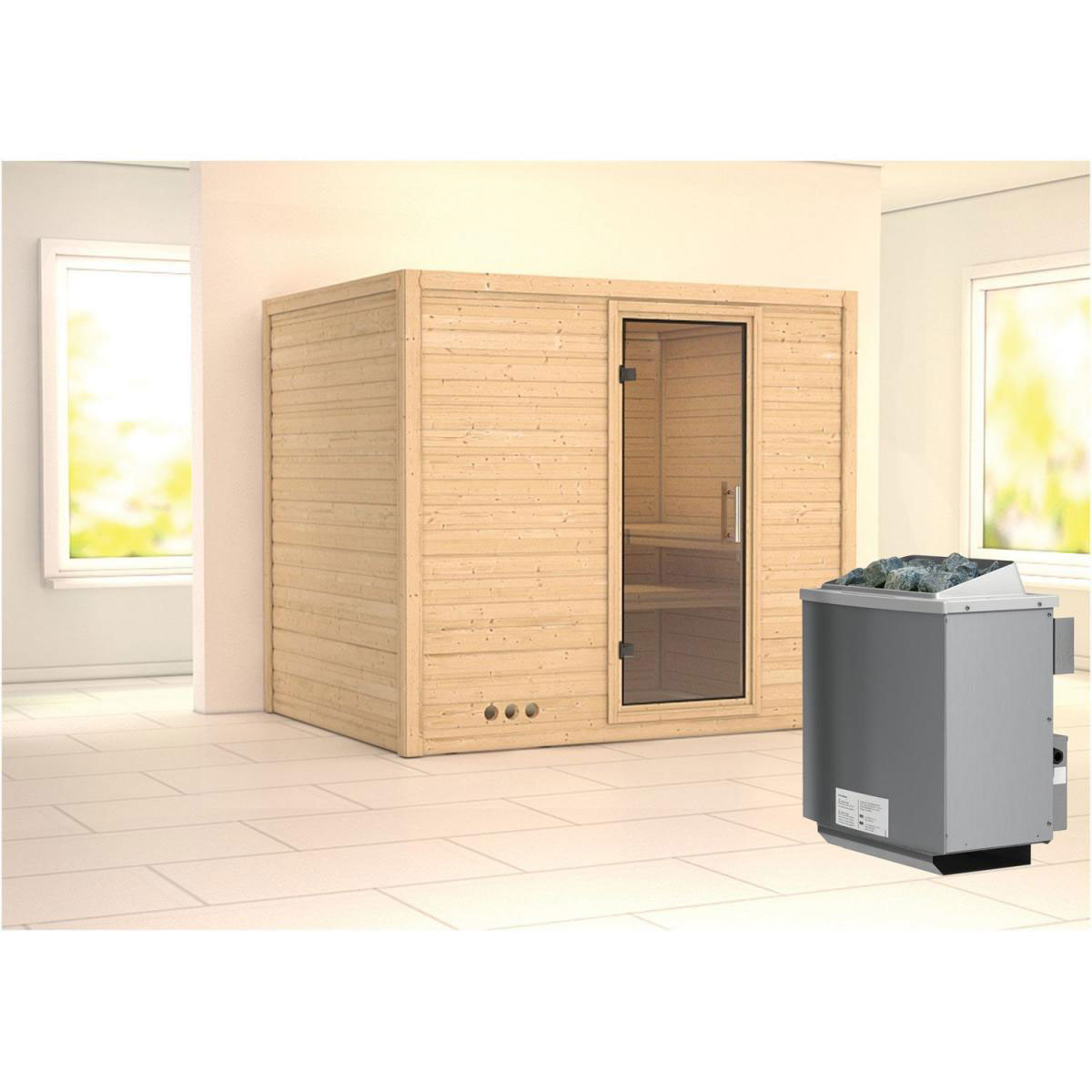 Karibu Sauna Sonara Fronteinstieg 9 kW Ofen integr Strg kein Kranz Klarglas-Tür Bild 4