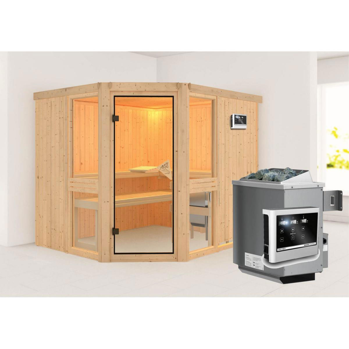 Karibu Amelia 3 Eckeinstieg 9 kW Ofen externe Strg modern ohne Kranz Bild 2