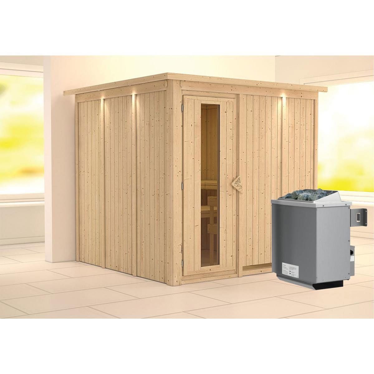 Karibu Sauna Rodin Fronteinstieg 9 kW Ofen integr Strg Tür gedämmt mit Kranz Bild 1