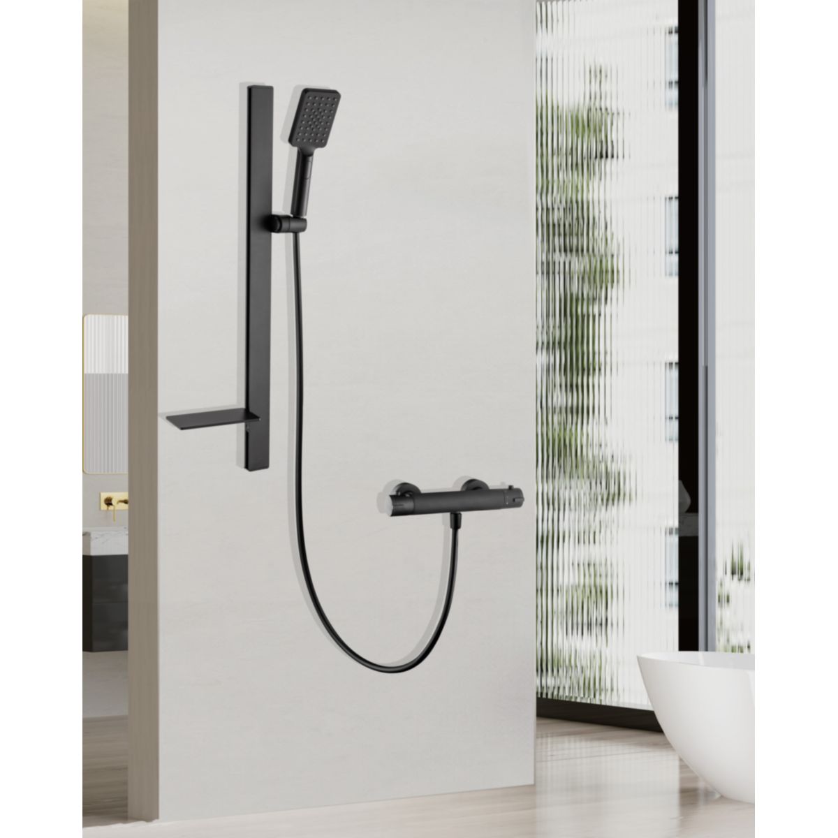 Valblue Brausestangen-Set Hilo Schwarz Slim-Design mit Ablage Handbrause 3S